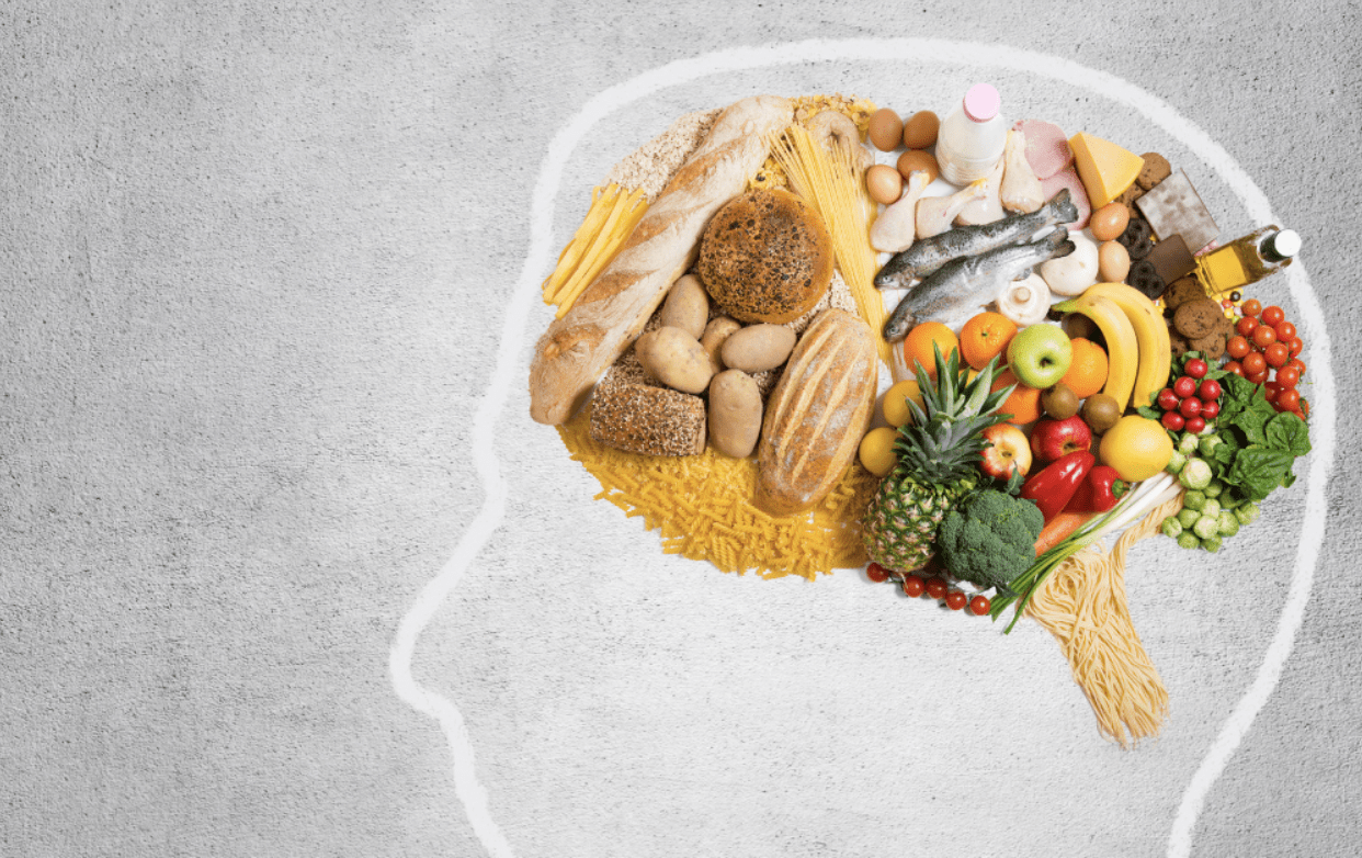Picture of a brain made of different foods