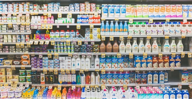 Grocery sore aisle with Foods rich in calcium and vitamins for Bone Health