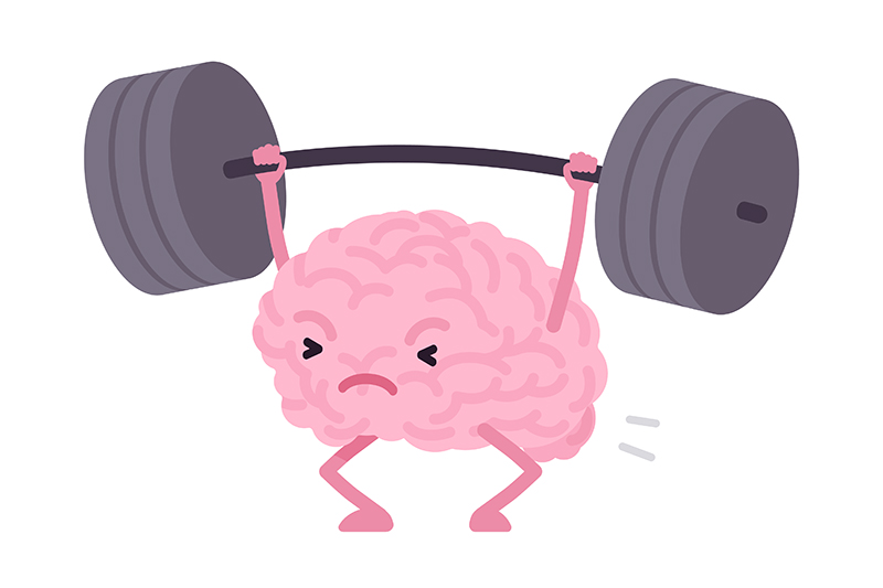 cartoon image of a brain lifting weight